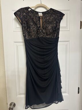 Black Lace-Detail Midi Dress with Cap Sleeves